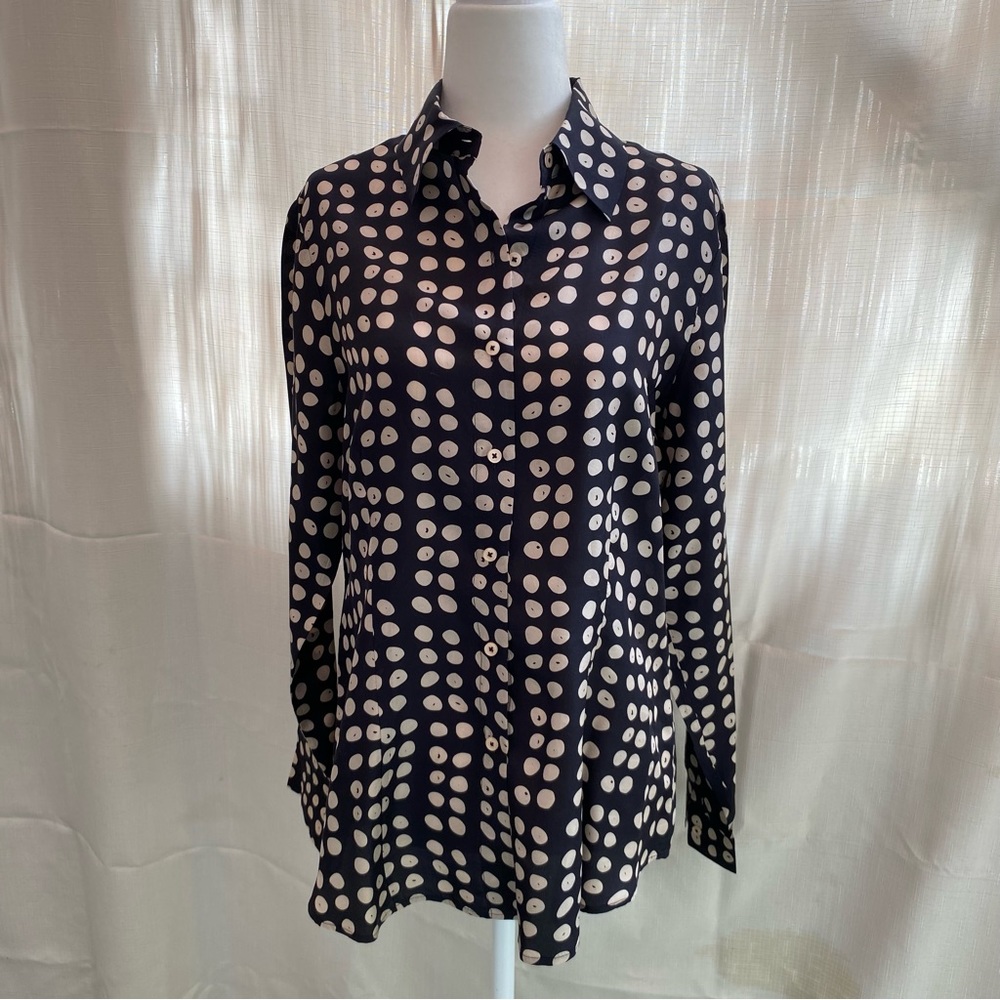CAbi 100% silk button blouse black and white polka dot size M